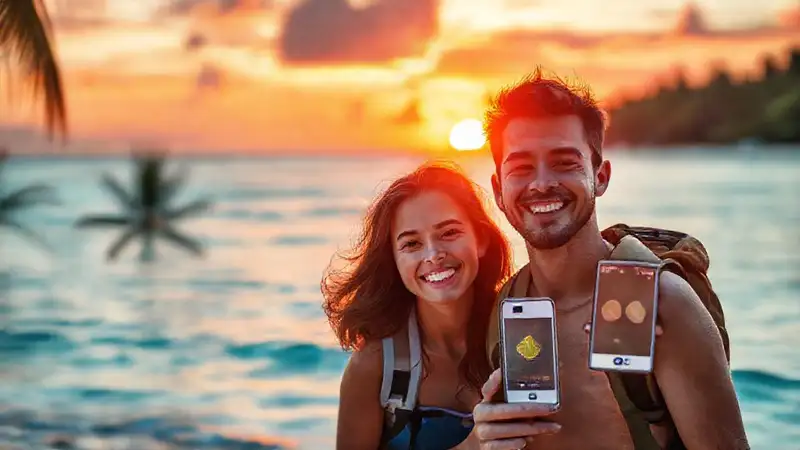 Un viajero feliz disfruta una playa tropical