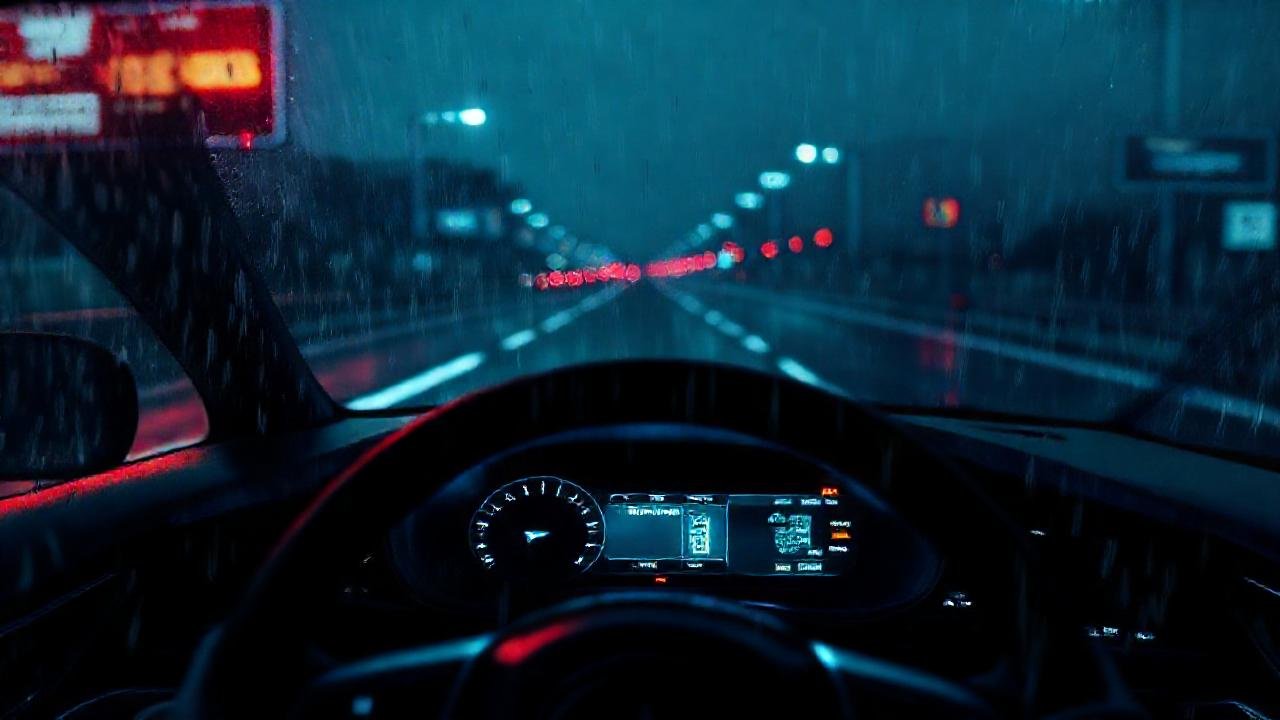 Coche futurista en la lluvia, alerta segura