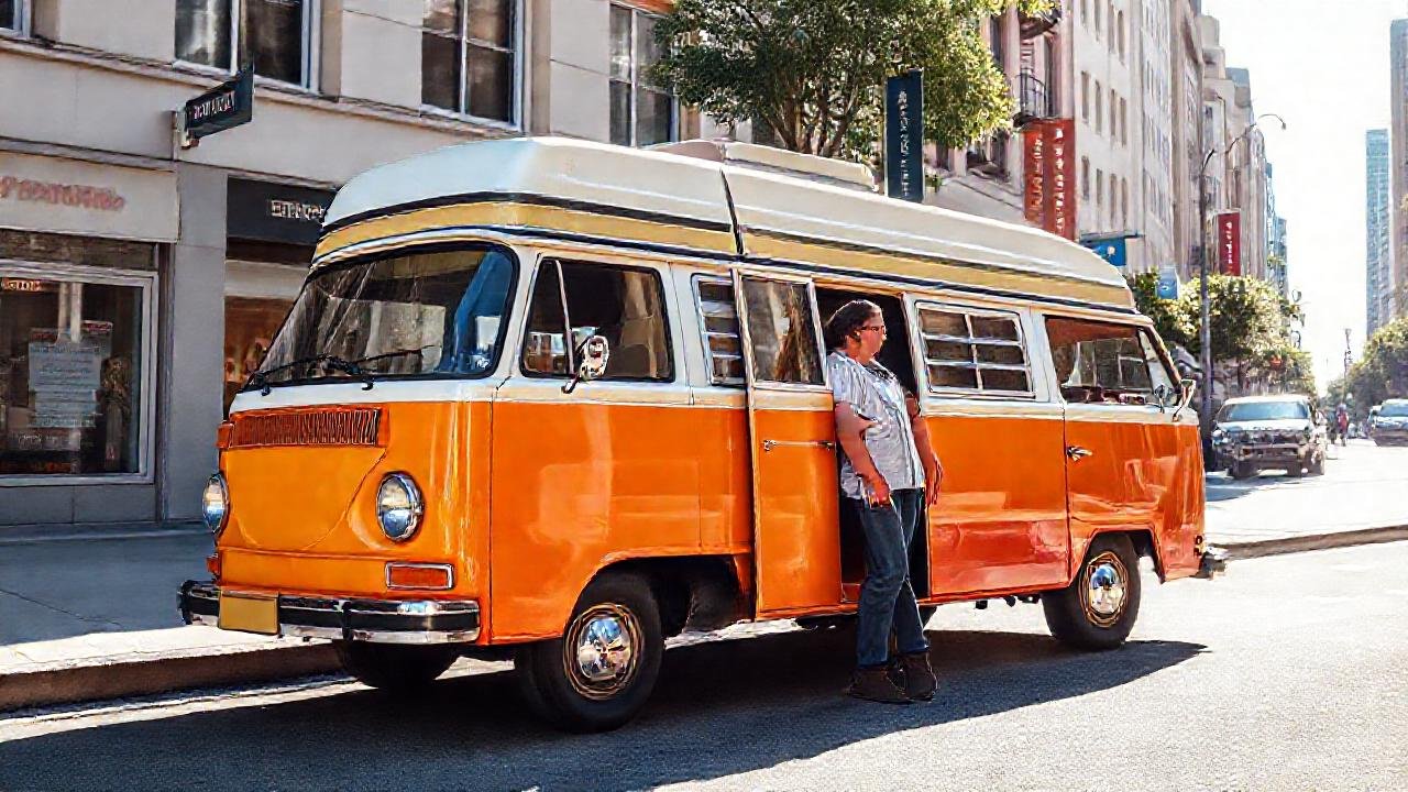 Un moderno furgoneta camper feliz en la ciudad
