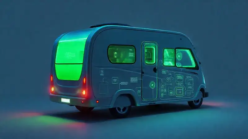Autocaravana moderna, eficiente y azul-verde