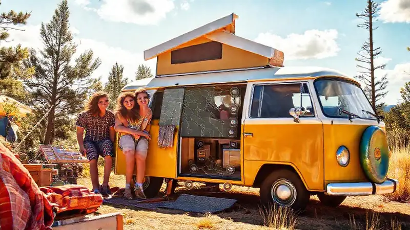 Viajeros felices exploran la aventura vintage
