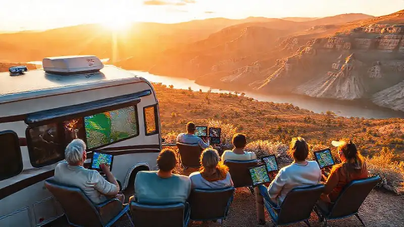 Un grupo charla frente a un mirador