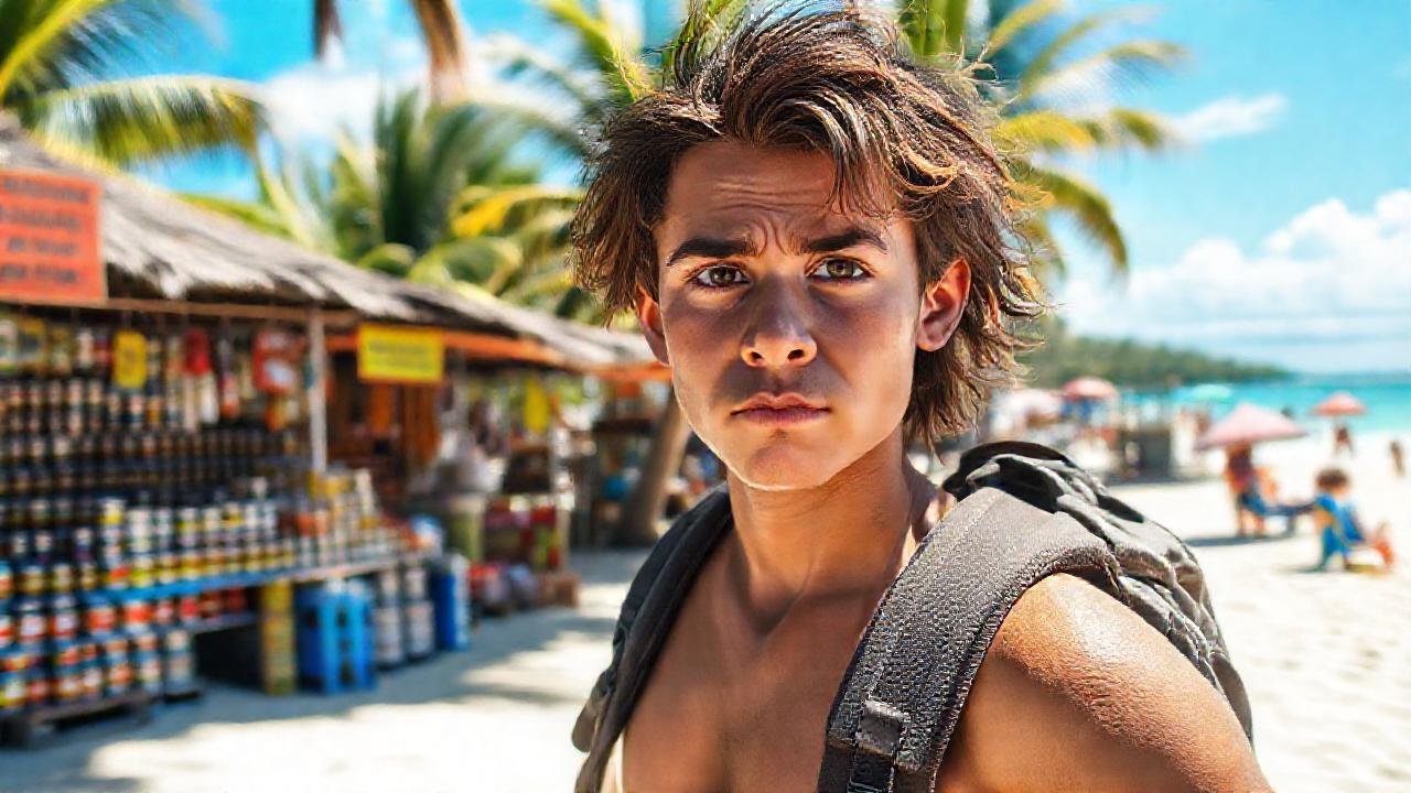 Playa tropical, mercado, preocupación y viaje