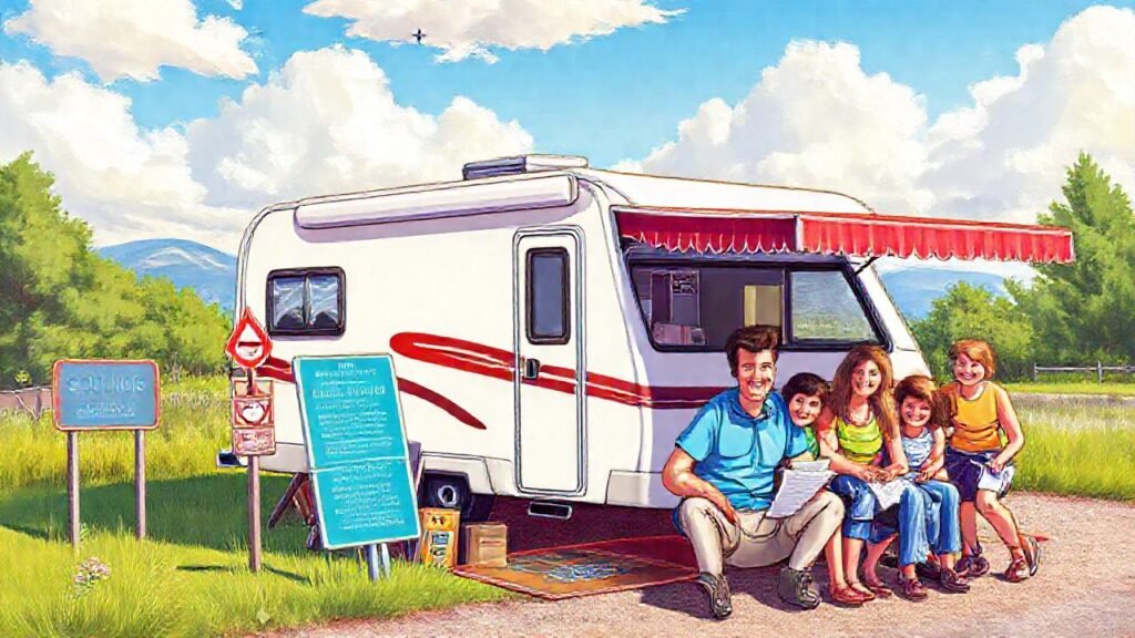 Una familia feliz disfruta de una caravana