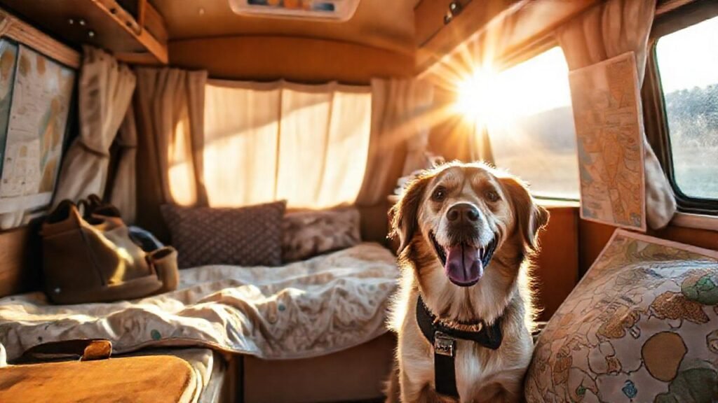 Un viaje acogedor con perro feliz