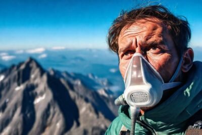 El alpinista lucha contra la altitud urgente