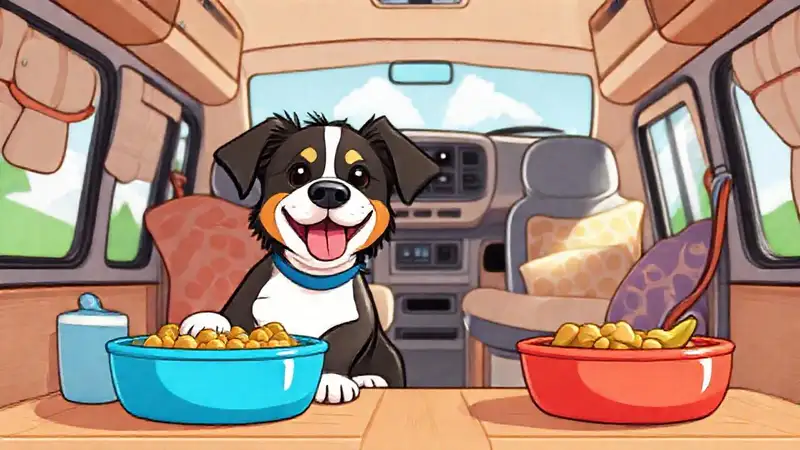 Un perro feliz viaja en RV colorido