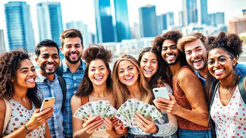 Amigos viajan, comparten gastos y sonríen