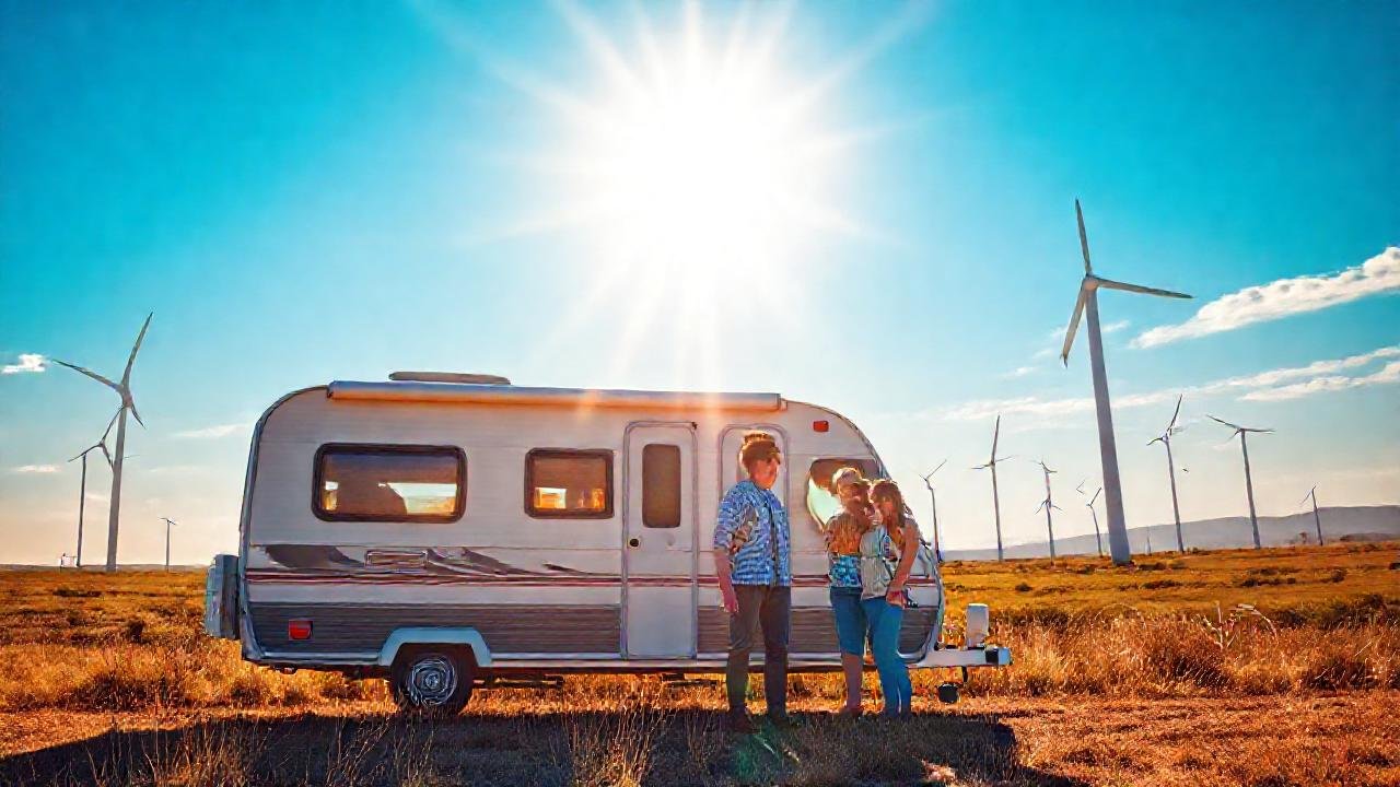 Caravana sostenible bajo cielo azul