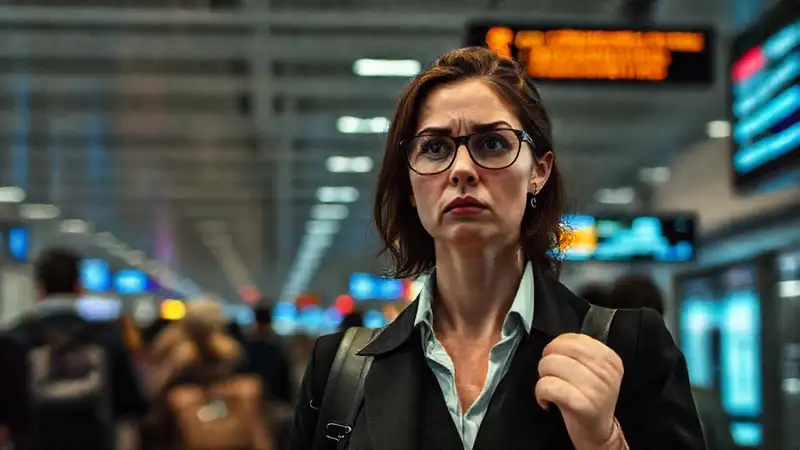Una mujer estresada enfrenta una terminal agitada