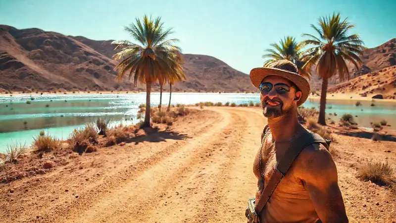 Un viajero encuentra refugio en un oasis