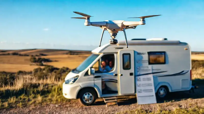 Un dron protege pareja viajera feliz