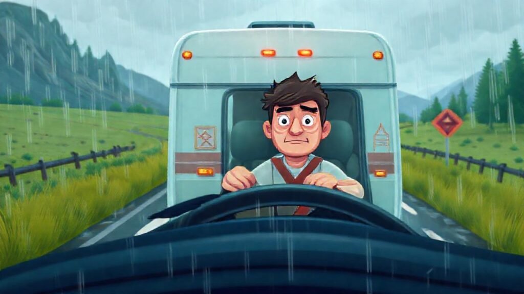 Conductor preocupado en carretera lluviosa