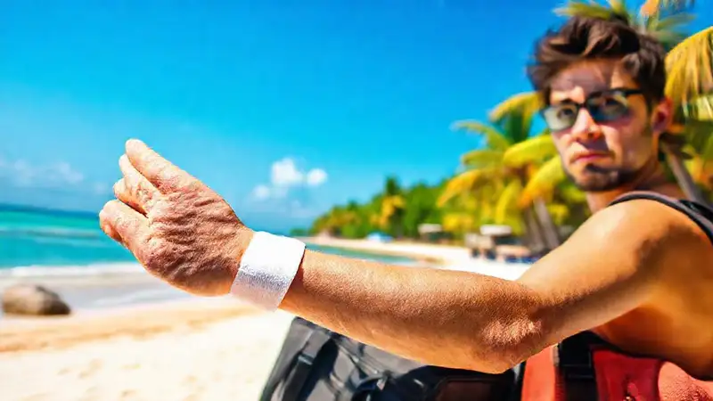 Un viajero herido disfruta de la playa