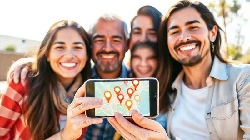 Familia sonríe, encontrando su ubicación