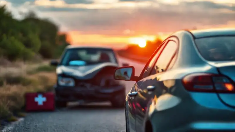 Un conductor herido en carretera al atardecer