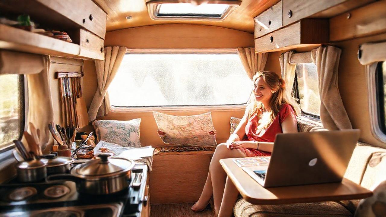 Un dúo feliz viaja en caravana acogedora