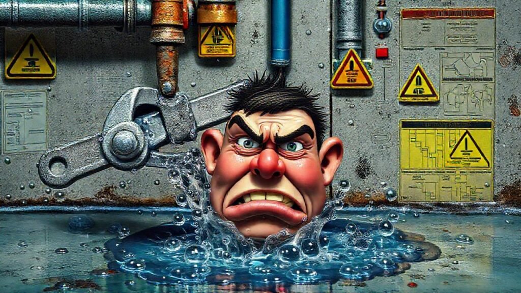 Un fontanero frustrado enfrenta una tubería derramada
