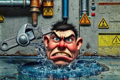 Un fontanero frustrado enfrenta una tubería derramada