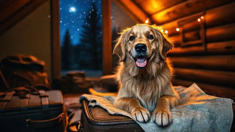 Un perro feliz viaja a la cabaña