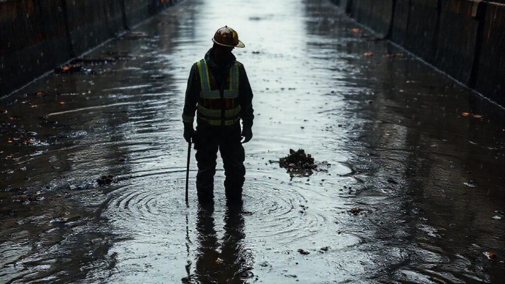 Trabajador inspecciona canal lluvioso y sucio