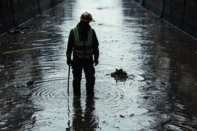 Trabajador inspecciona canal lluvioso y sucio
