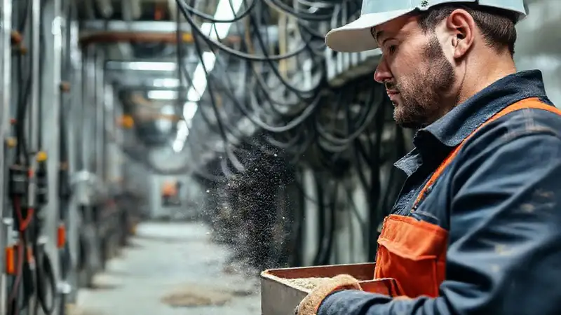 Un trabajador realiza mantenimiento en cables