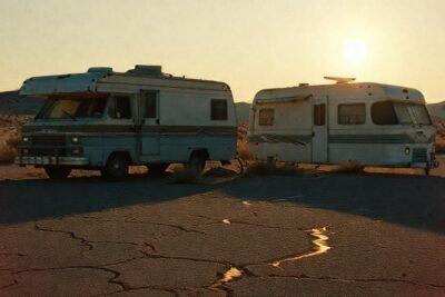 Un RV antiguo domina un desierto desgastado