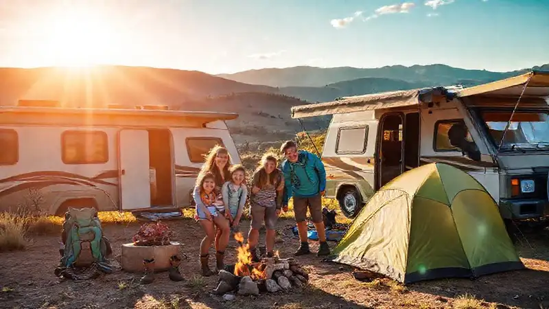 Familia feliz vive una aventura al aire libre