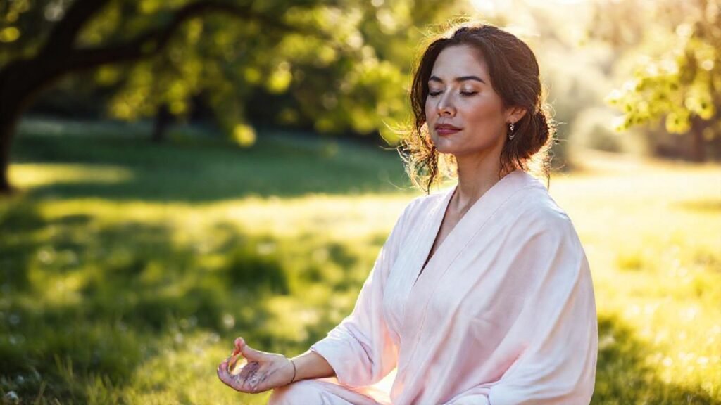 Mujer serena medita en paisaje pacífico