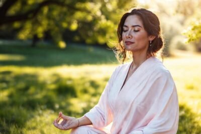 Mujer serena medita en paisaje pacífico