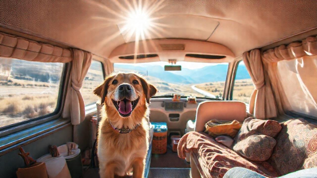 Un perro feliz viaja en caravana serena