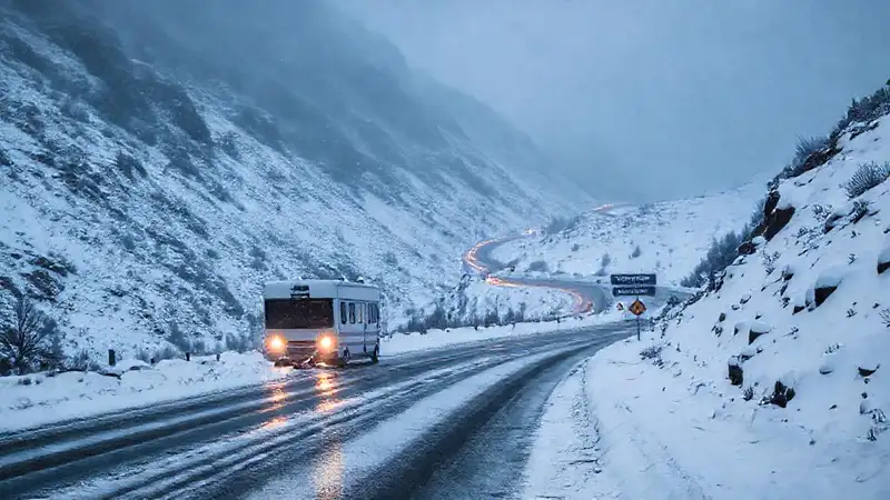Caravana invernal serpentea por la montaña