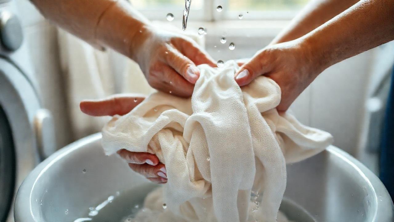 Manos lavando ropa en calma