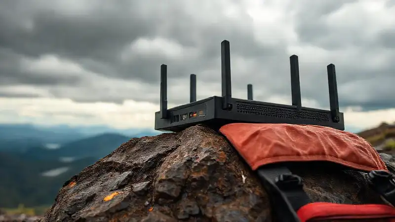 Router robusto en paisaje tormentoso y detallado