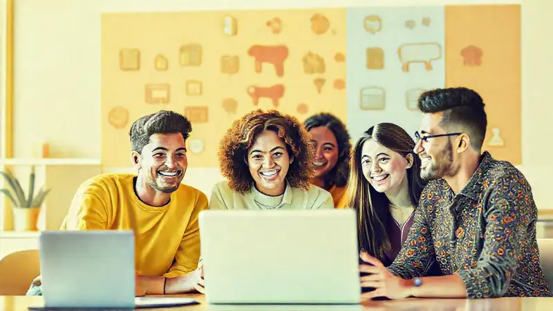 Un equipo diverso colabora en un ambiente vibrante