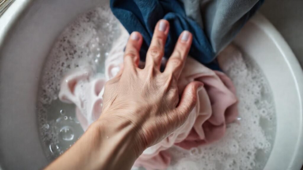 Mano frustrada lava delicadamente ropa