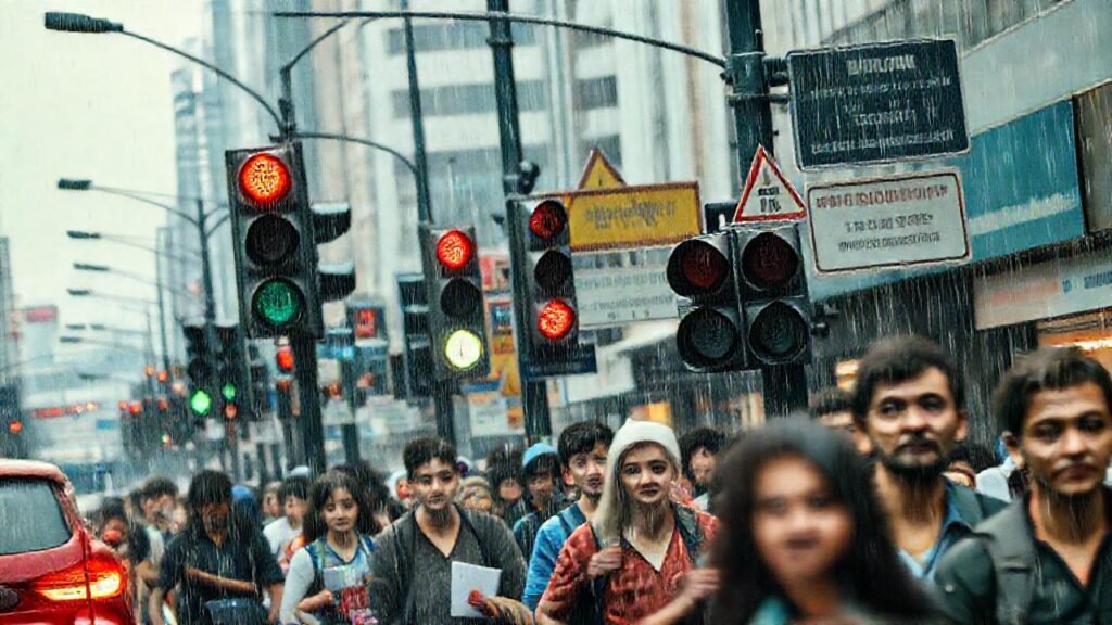 La ciudad bulliciosa y lluviosa genera caos