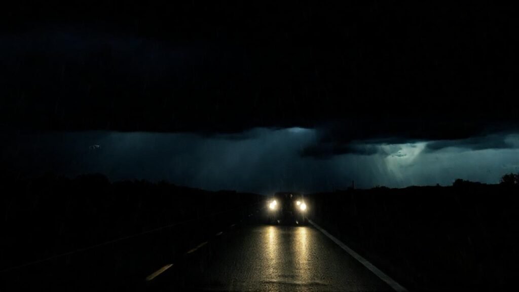 Un coche solitario lucha contra la tormenta