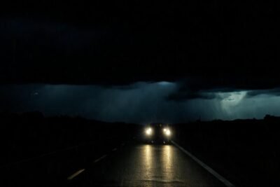 Un coche solitario lucha contra la tormenta
