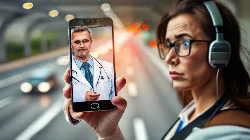 Médico en smartphone, emergencia, viajero preocupado