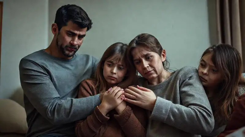Una familia preocupada busca consuelo en silencio