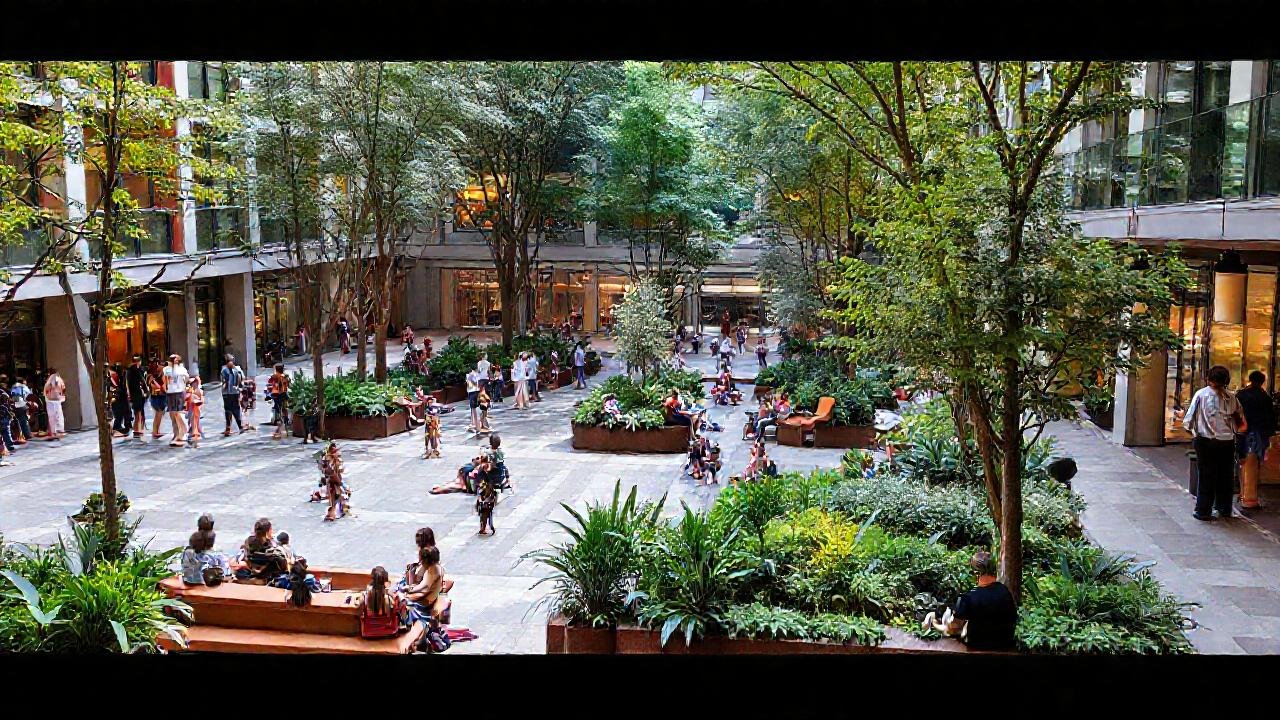 Plaza urbana moderna: verde, gente y calma