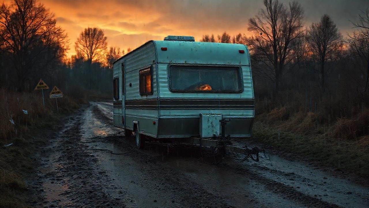 Caravana abandonada bajo una noche sombría