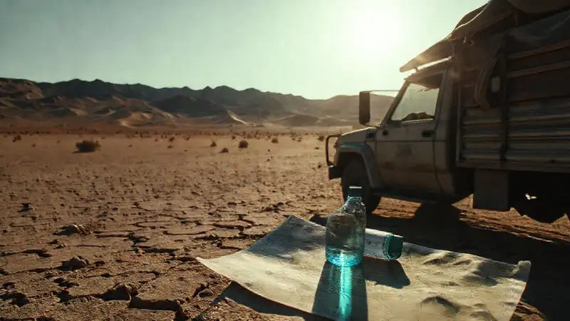 Un viajero busca agua en el desierto