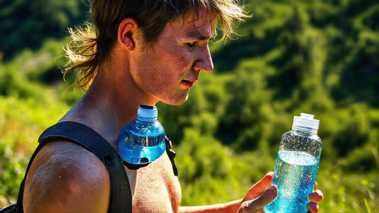 El excursionista hidratado disfruta del paisaje verde