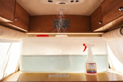 Campista feliz disfruta agua limpia y brillante