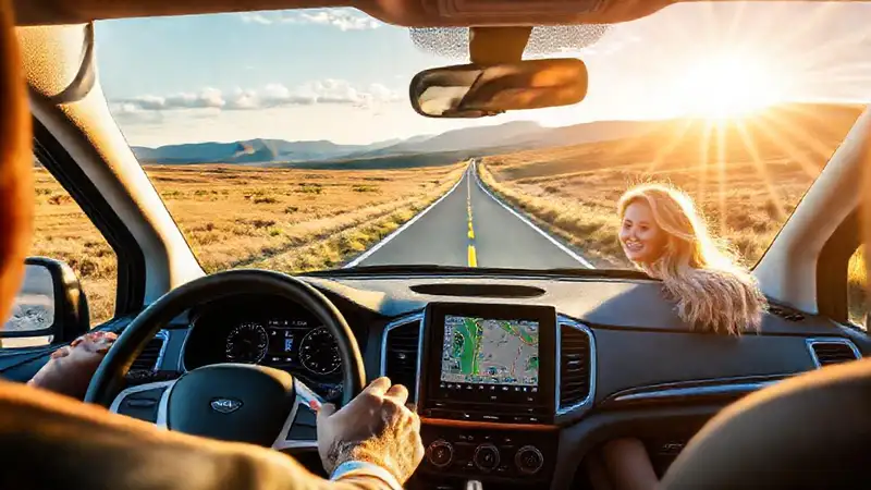 Una pareja feliz viaja en autocaravana