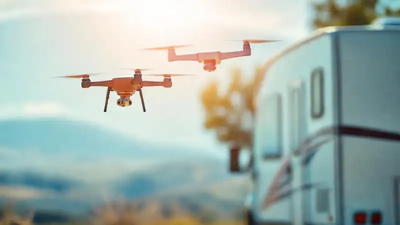 Dron y paisaje soleado, seguro