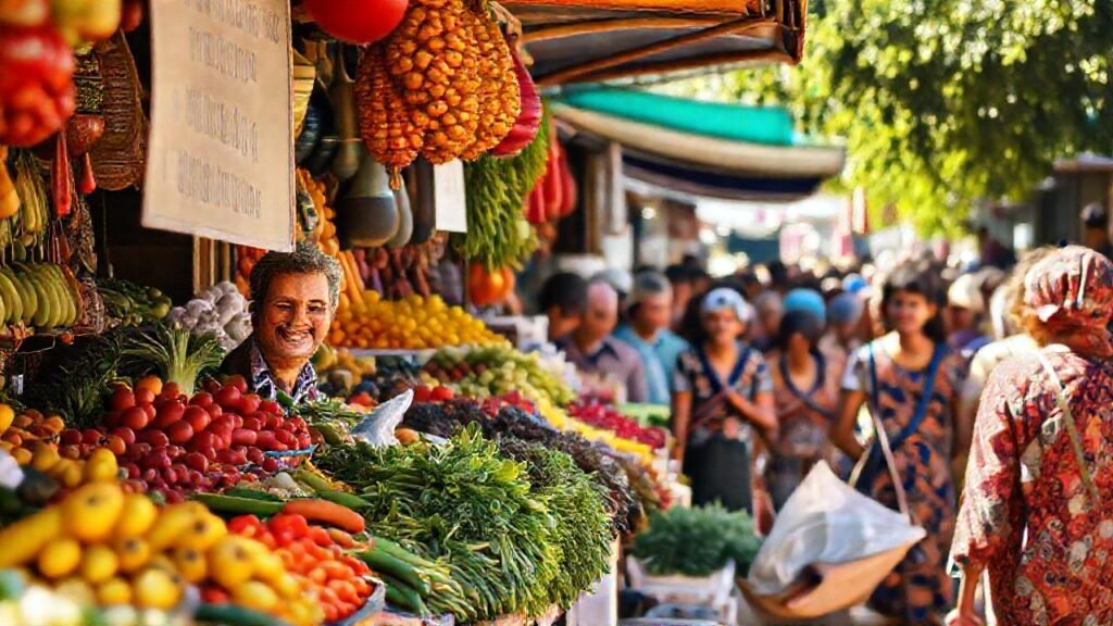 Mercado bullicioso con colores vibrantes